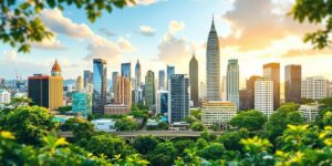 Malaysian cityscape with modern buildings and greenery.