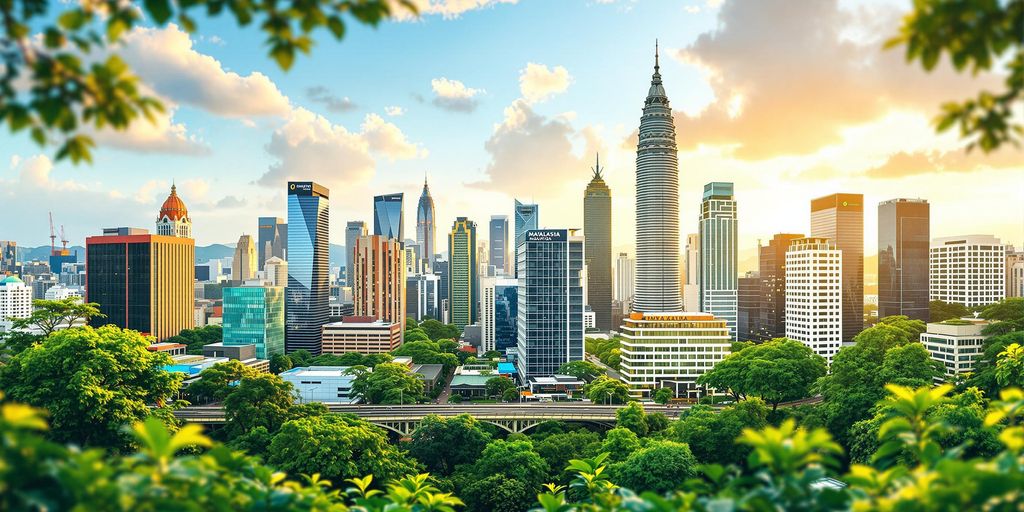 Malaysian cityscape with modern buildings and greenery.