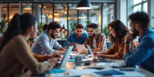 Group of entrepreneurs collaborating in a modern office.