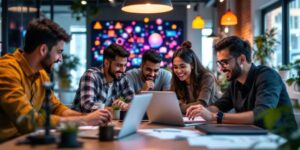 Group of Malaysian entrepreneurs collaborating in a vibrant workspace.