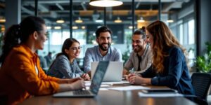 Diverse professionals collaborating in a modern office setting.